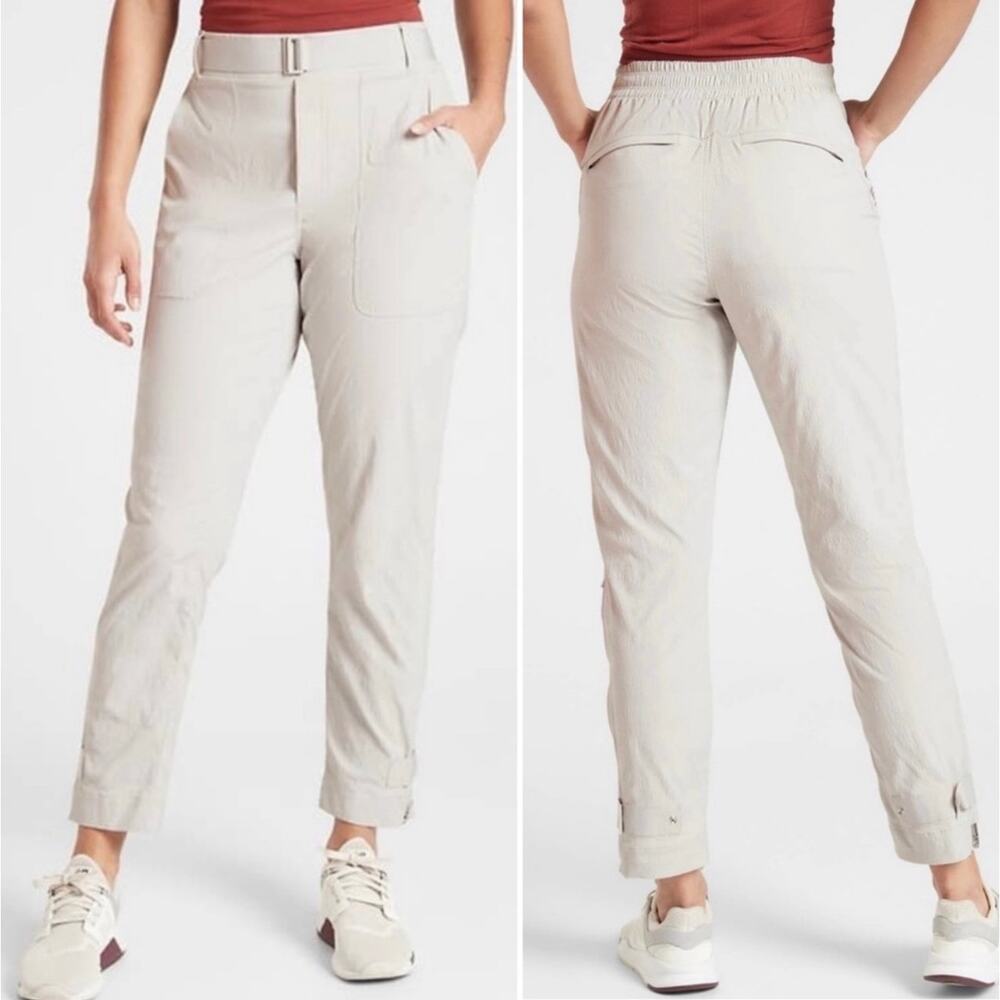 Athleta Trekkie Belted Pants Size 10‎ In Birch Gray Mid Rise Outdoors Hiking